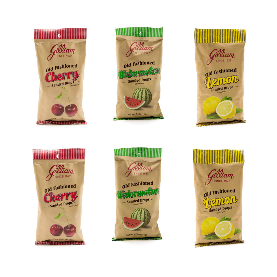 Gilliam Old Fashioned Sanded Drops 6-pack bags, ideal for sharing or gifting