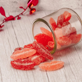 Approximately 68 pieces per bag of Gimbal's Sour Pucker Lips.