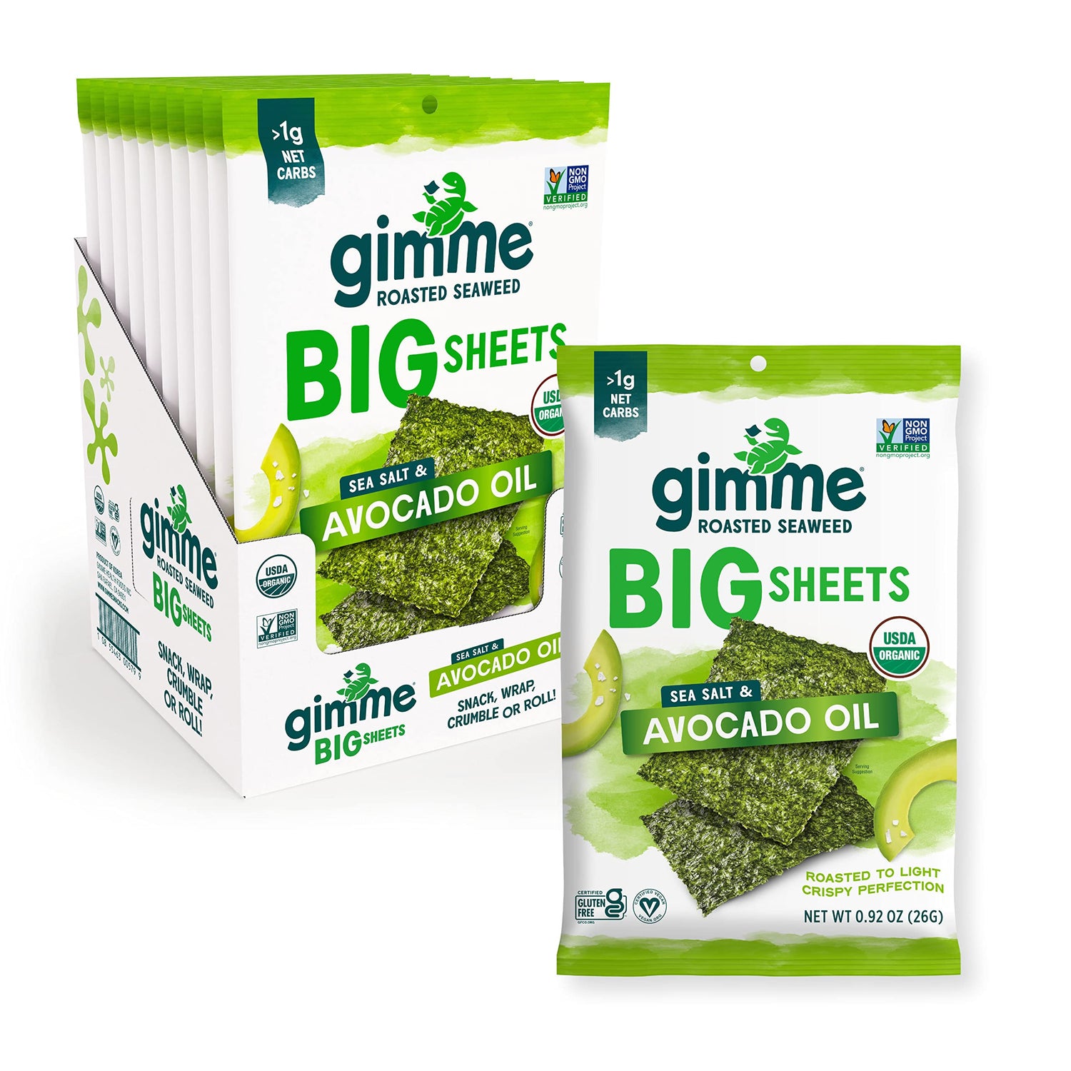 gimMe seaweed big sheets with sea salt and avocado oil, keto-friendly snack on the go