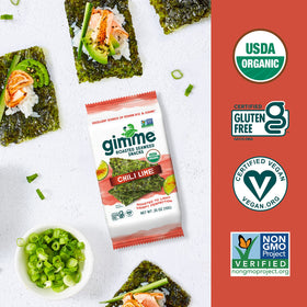 gimMe Seaweed chili lime nutrition panel highlights 30 calories per serving.