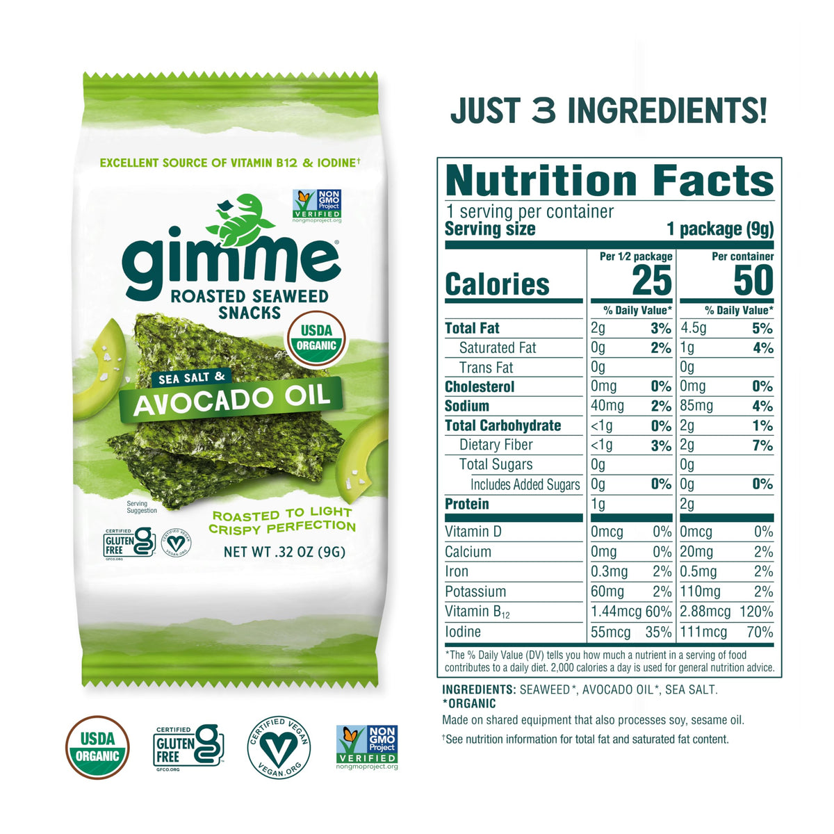GimMe Seaweed Keto Vegan Gluten-Free badge indicates diet-friendly snack