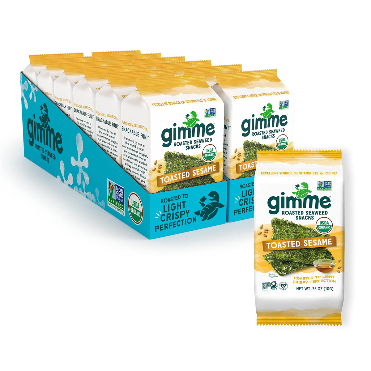 gimMe seaweed packaging shows the 12-pack serving size for on-the-go snacking