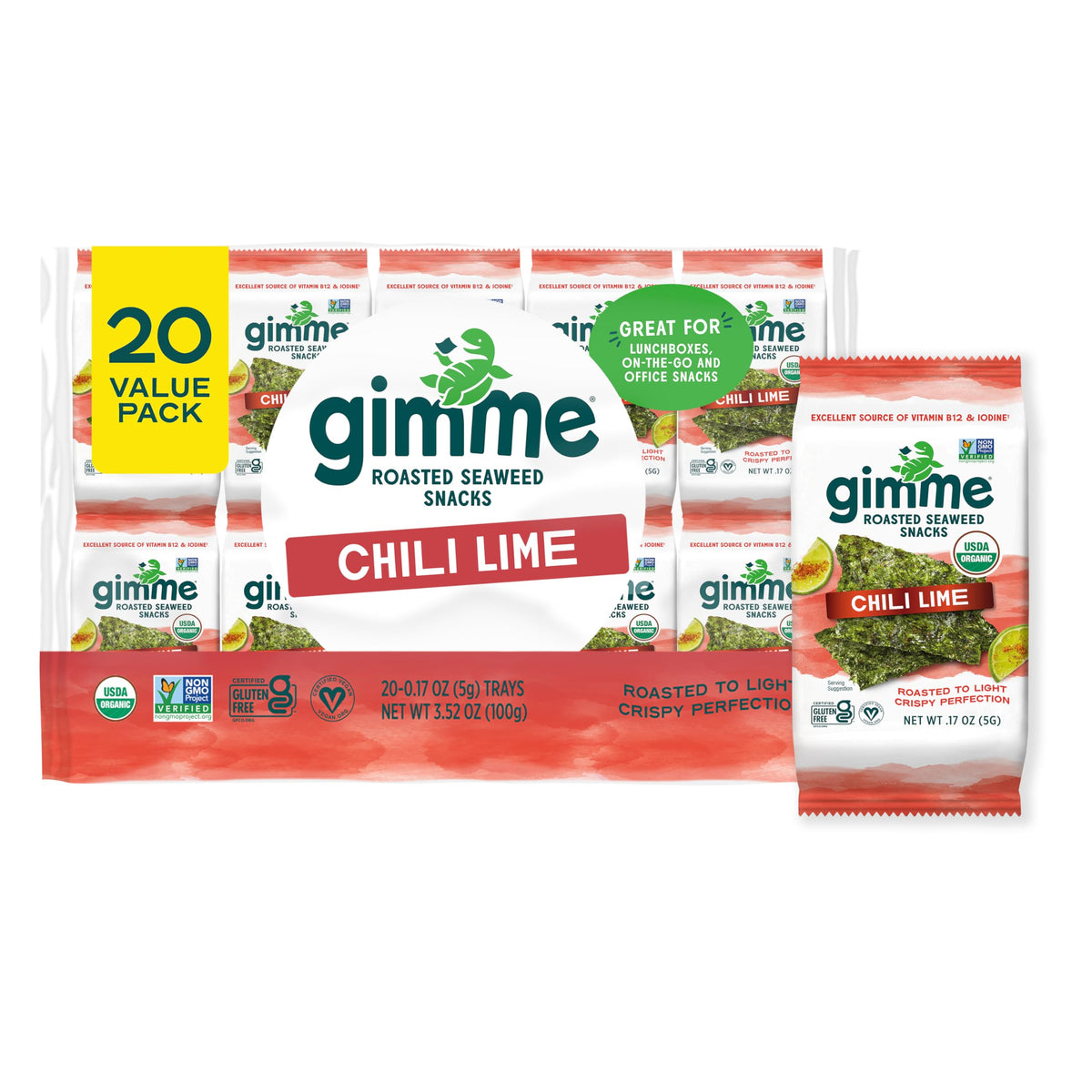 Gimme Seaweed Chili Lime pack front, keto-friendly and gluten-free option