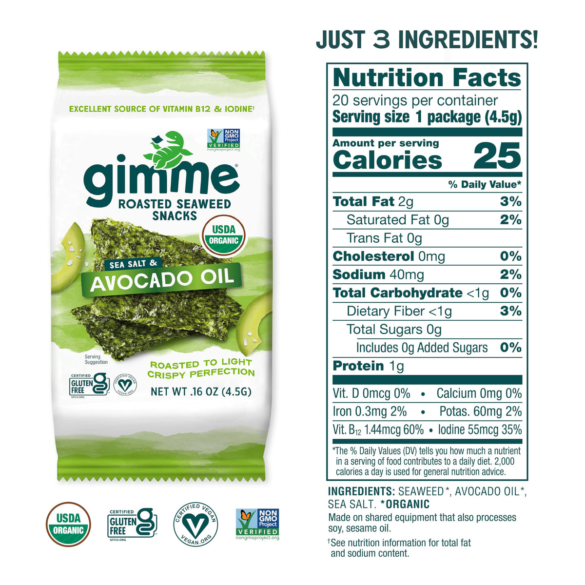 GimMe organic seaweed ingredients emphasize sustainable harvest from South Korea.