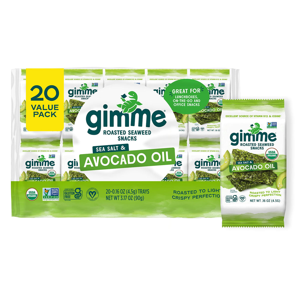 GimMe seaweed organic roasted snacks sea salt avocado oil pack for on-the-go keto snacking.