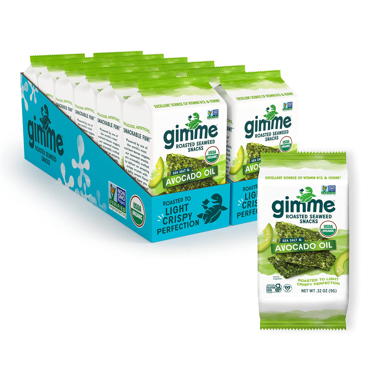 GimMe Seaweed Organic Roasted Sea Salt and Avocado Oil Pack Front shows a low-calorie grab-and-go snack