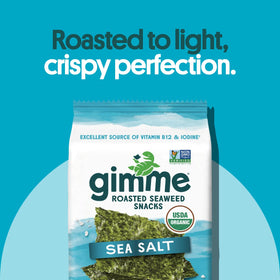 GimMe Seaweed roasted with organic sunflower oil in clean packaging.