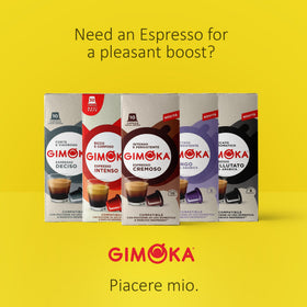 Gimoka pods showcasing Nespresso Original compatibility badge for confident selection.