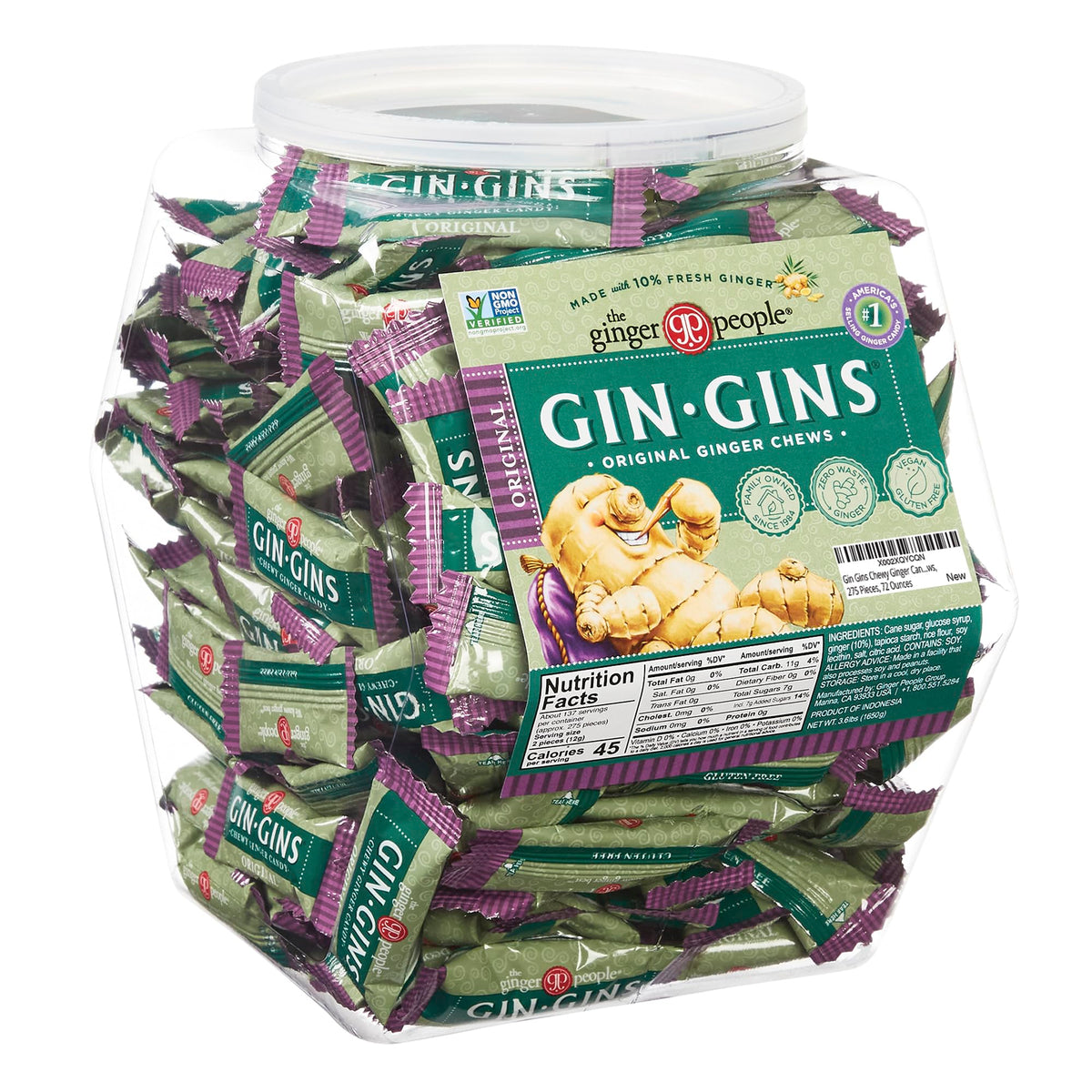 Gin Gins chewy ginger candy tub showing bulk bulk candy ready for events.