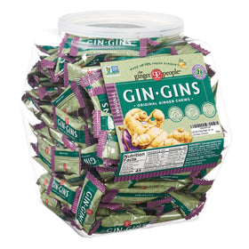 Gin Gins chewy ginger candy tub showing bulk bulk candy ready for events.