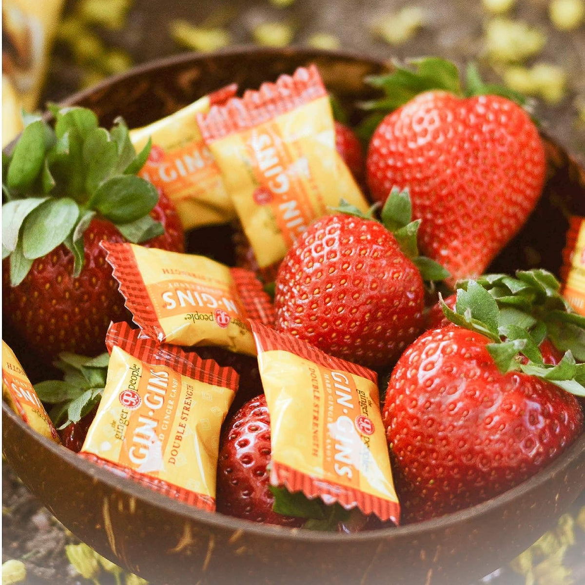 GIN GINS double-strength candies close-up highlighting bold ginger flavor.