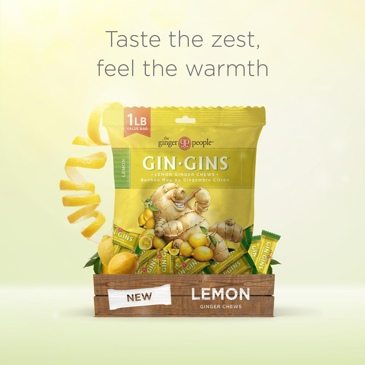 GIN GINS lemon ginger chews close-up of individually wrapped pieces