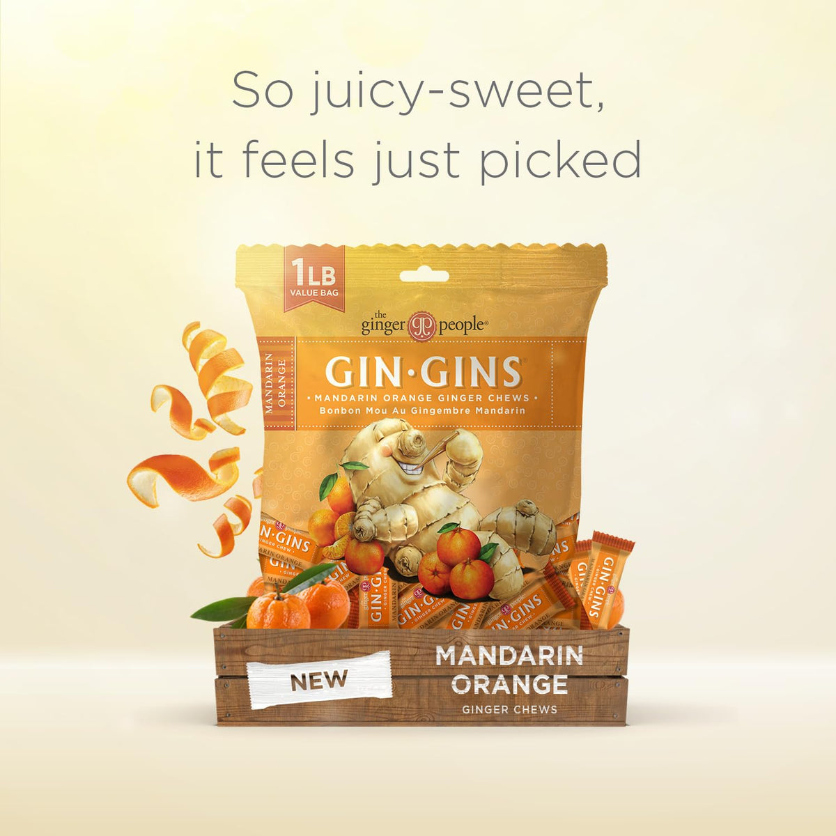 Close-up of ginger pieces in Gin Gins Mandarin Orange Chews, highlighting fresh ginger warmth.