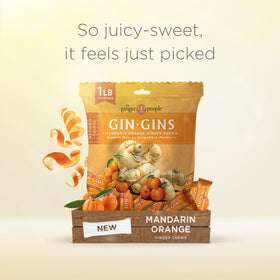 Close-up of ginger pieces in Gin Gins Mandarin Orange Chews, highlighting fresh ginger warmth.