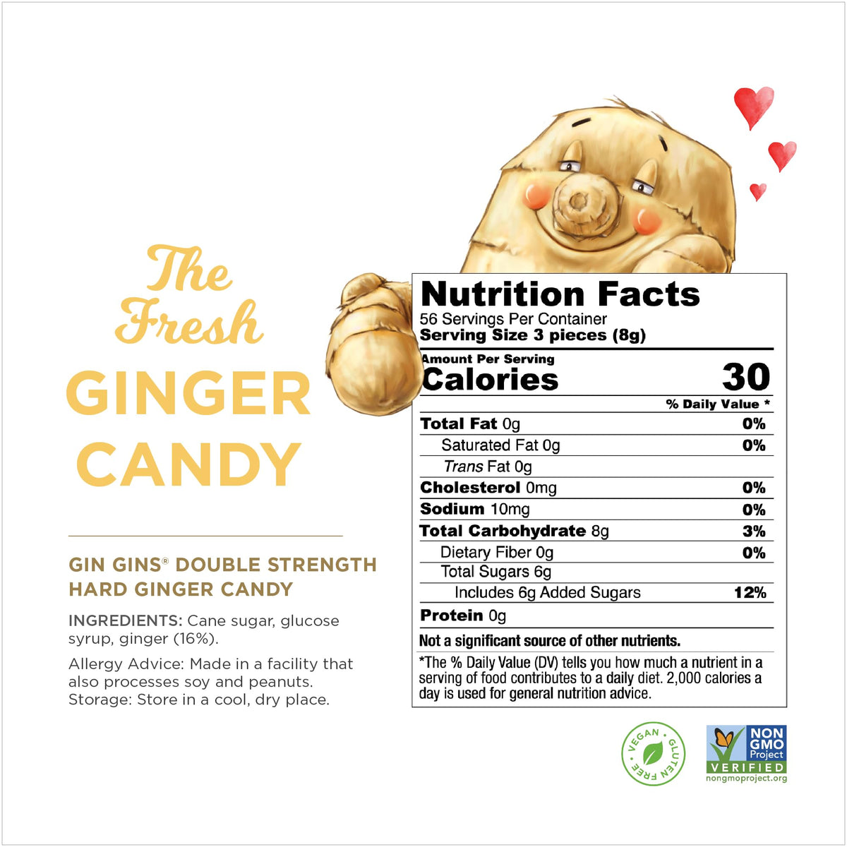 GIN GINS packaging and label showcasing convenient individually wrapped candies.