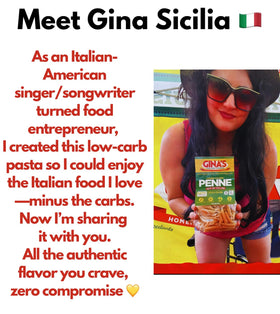 Nutrition facts on Gina's Italian Cuisine penne showing 100 calories and 12g net carbs.