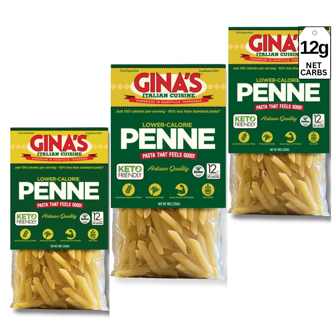 Gina's Italian Cuisine lower-carb penne packaging close-up highlighting high-fiber pasta.