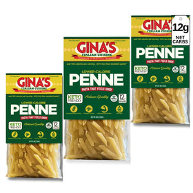 Gina's Italian Cuisine lower-carb penne packaging close-up highlighting high-fiber pasta.