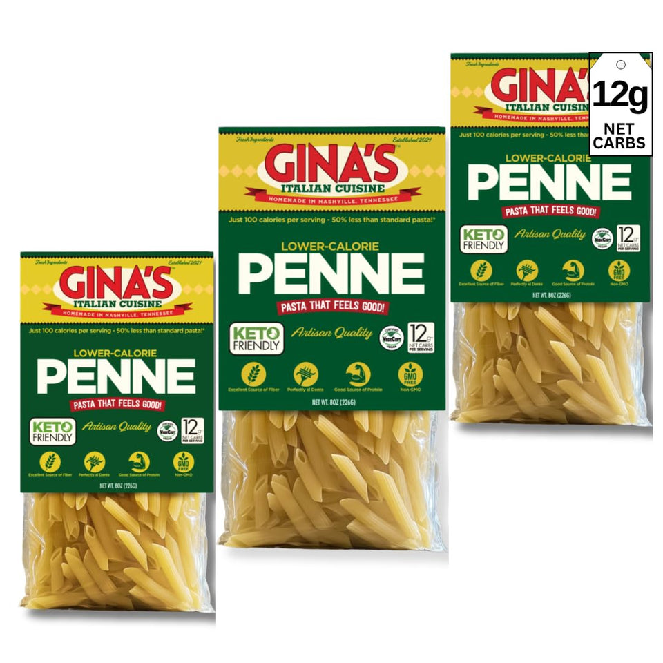 Gina's Italian Cuisine lower-carb penne packaging close-up highlighting high-fiber pasta.