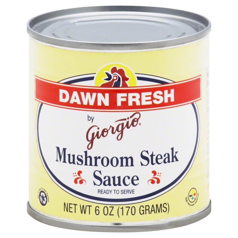 Giorgio Dawn Fresh Mushroom Steak Sauce bottle pour, enhances grilled steaks with mushroom glaze.