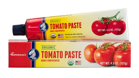 Close-up of Giovanni's Organics USA tube label showing pure tomato paste