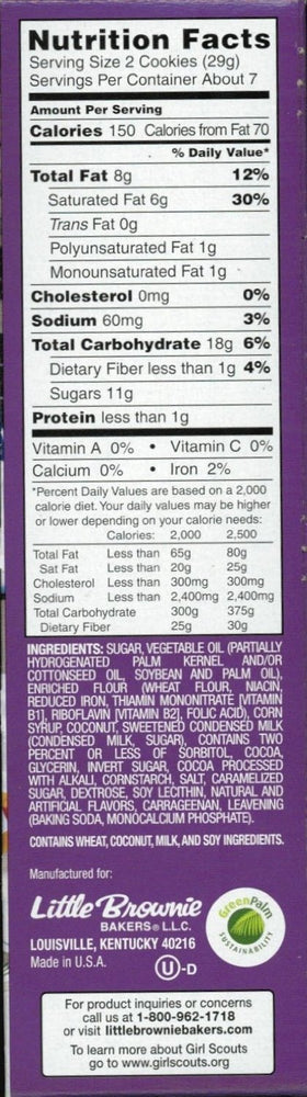 Girl Scout Samoas cookie close-up, rich caramel coconut flavor ideal for snacking.