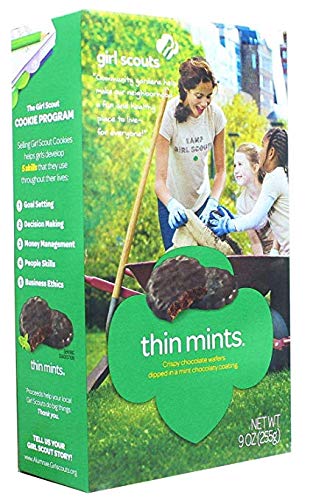 Girl Scout Cookies Thin Mints pack shot highlights minty chocolate freshness for sharing.