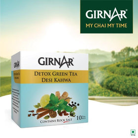 GIRNAR Desi Kahwa tea bags close-up showing spice aroma ideal for a morning boost.