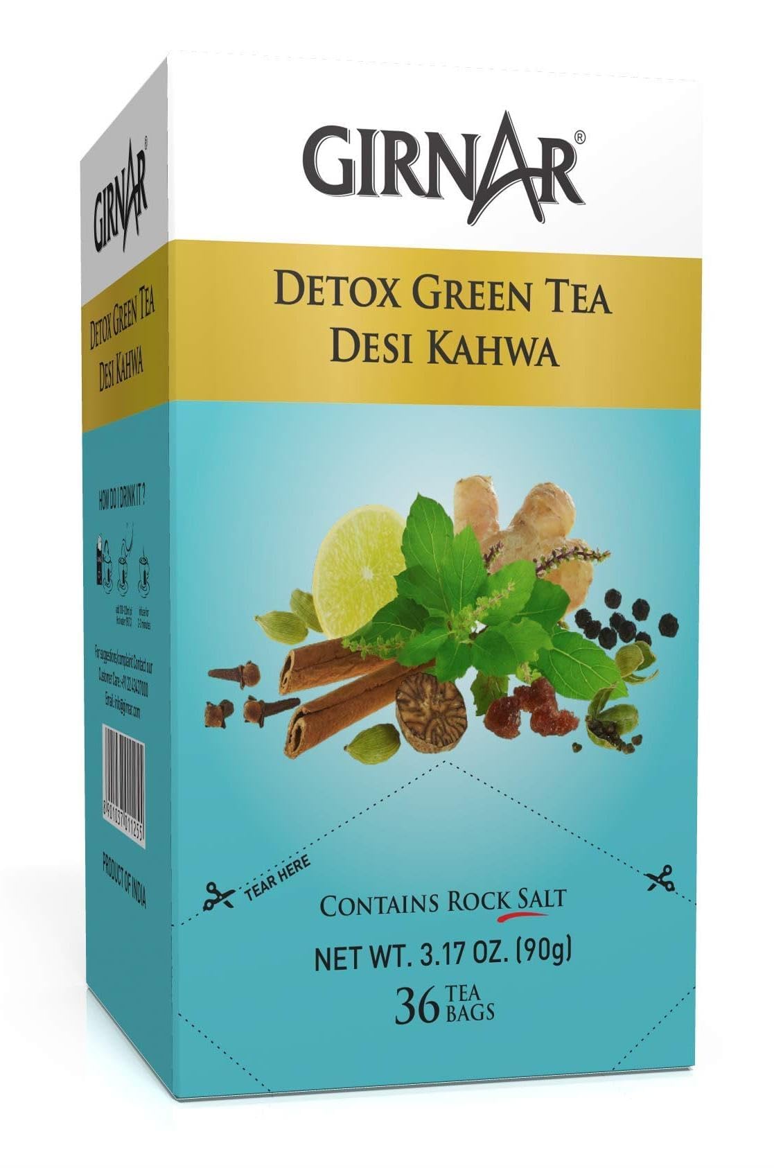 GIRNAR Desi Kahwa tea bags steep in cup for quick, flavorful detox-inspired moment.