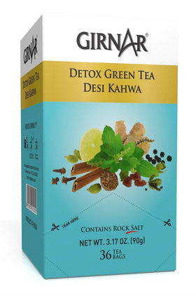 GIRNAR Desi Kahwa tea bags steep in cup for quick, flavorful detox-inspired moment.