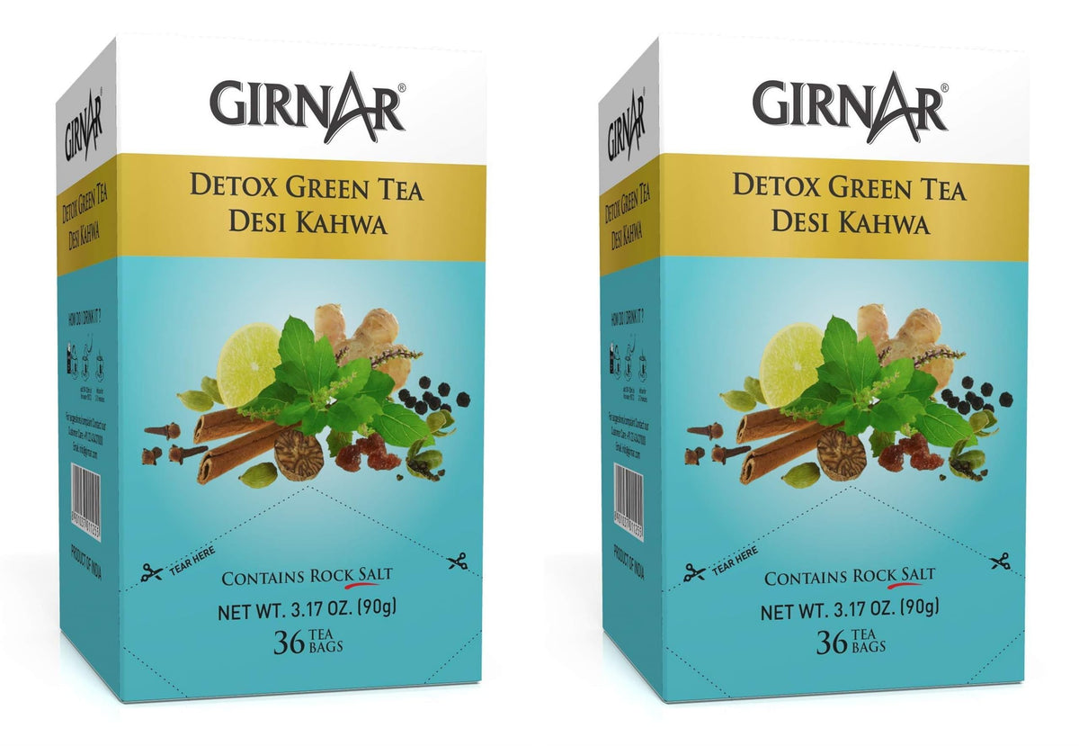 GIRNAR Desi Kahwa tea bags foil-wrapped to preserve freshness for daily detox ritual.