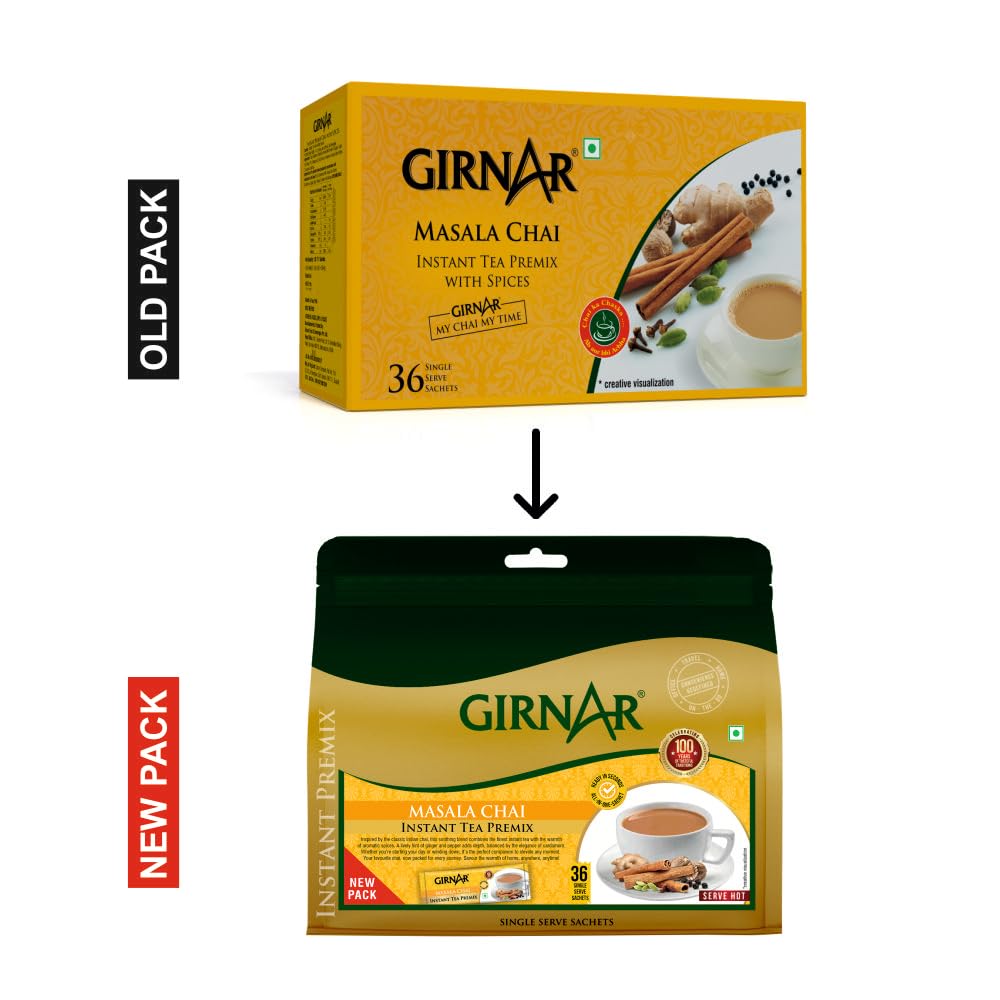 Girnar Instant Tea Premix Masala sachet close-up emphasizing blend aroma and on-the-go flavor.