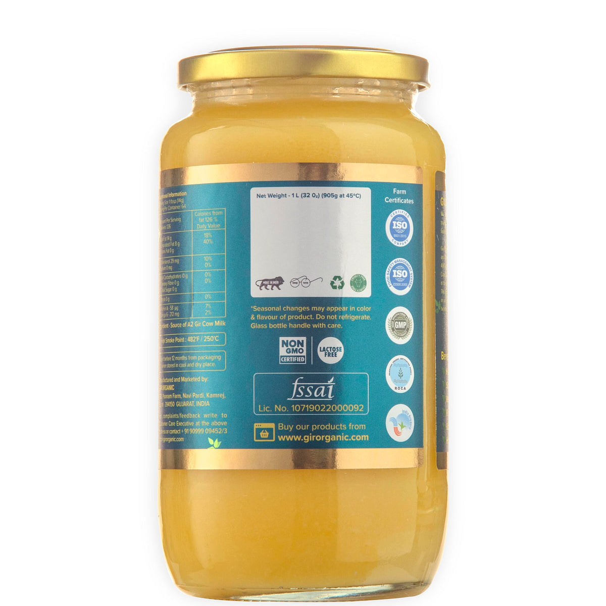 GirOrganic grass-fed A2 ghee packaging emphasizes pasture-raised dairy origin.