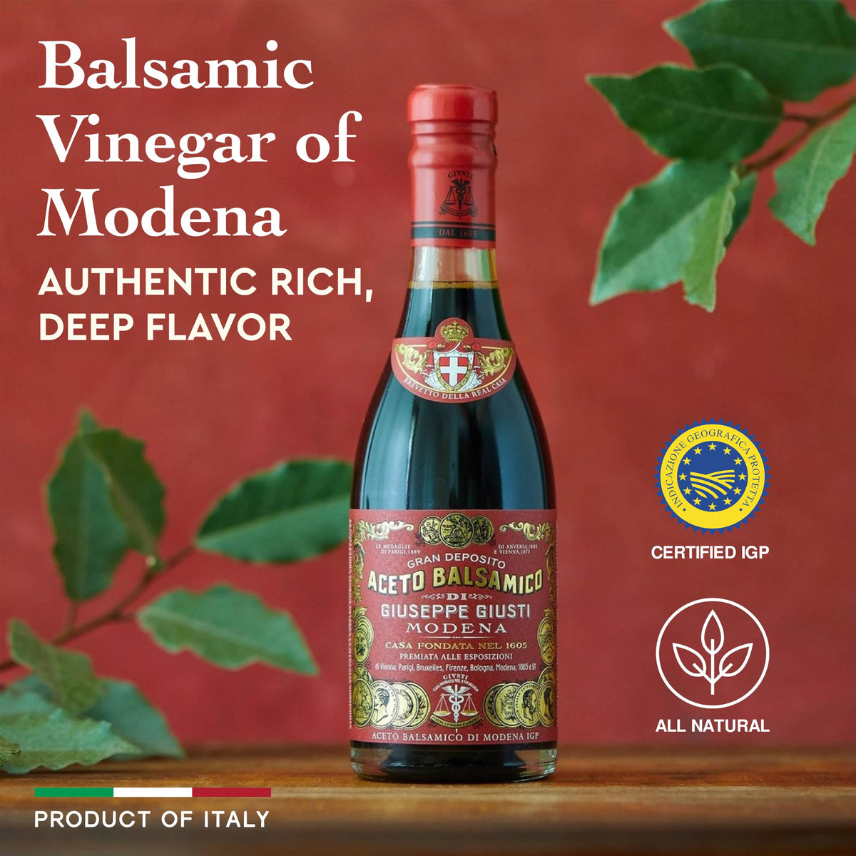 Close-up of Giusti balsamic in a glass, deep brown hue and velvety body.
