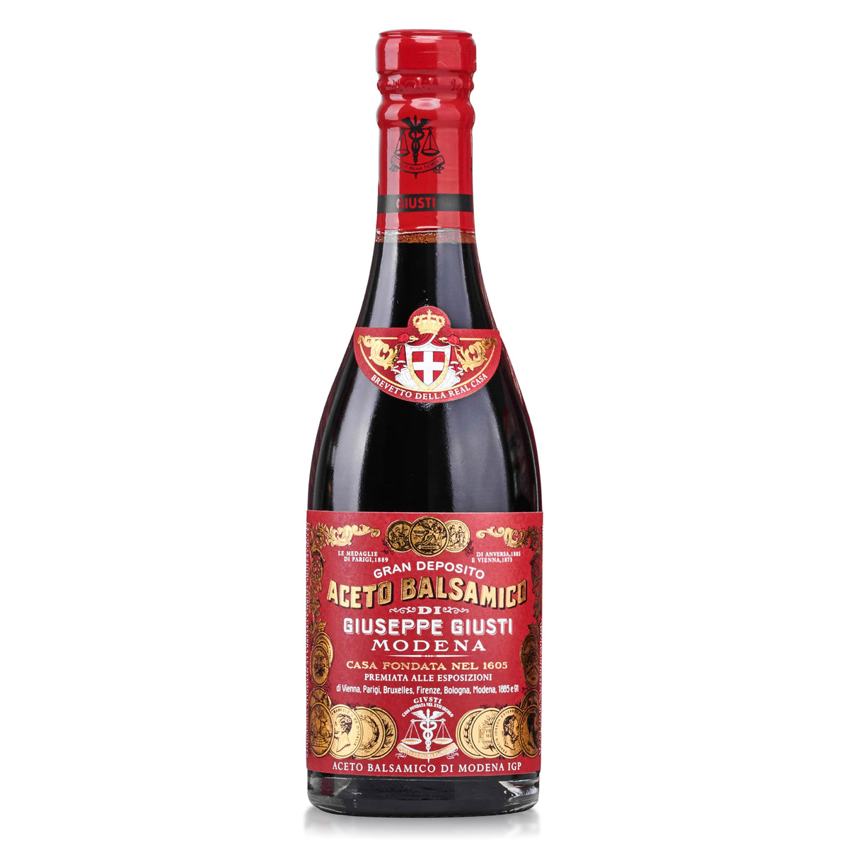 Giusti balsamic Modena IGP bottle shows mature, balanced flavor in premium packaging.