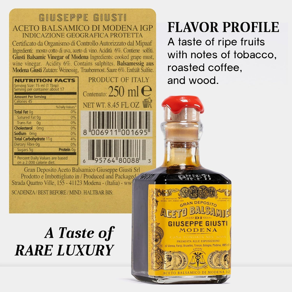 Giusti balsamic in wooden aging cask highlights traditional maturation for deep, complex flavor.