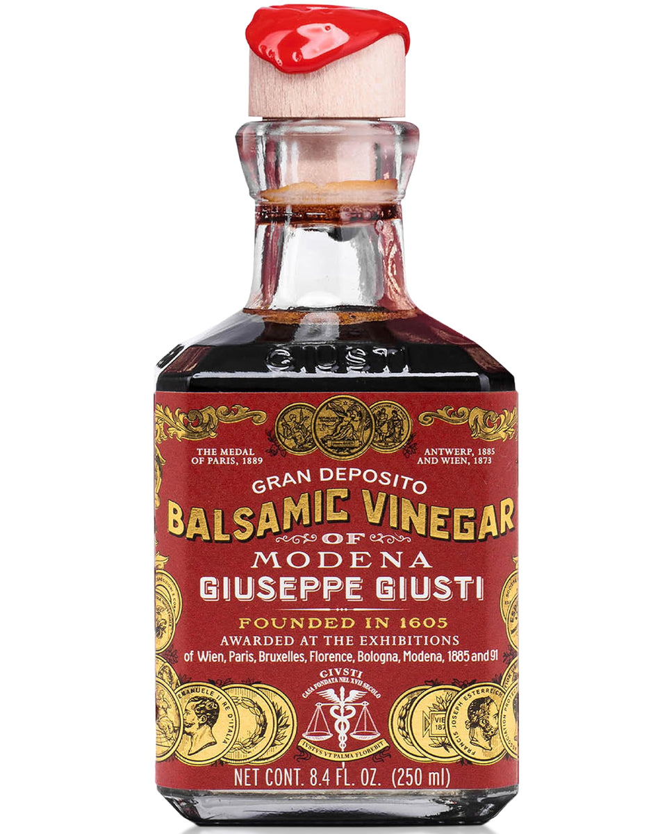 Giusti Modena balsamic bottle closeup, rich flavor for salads.