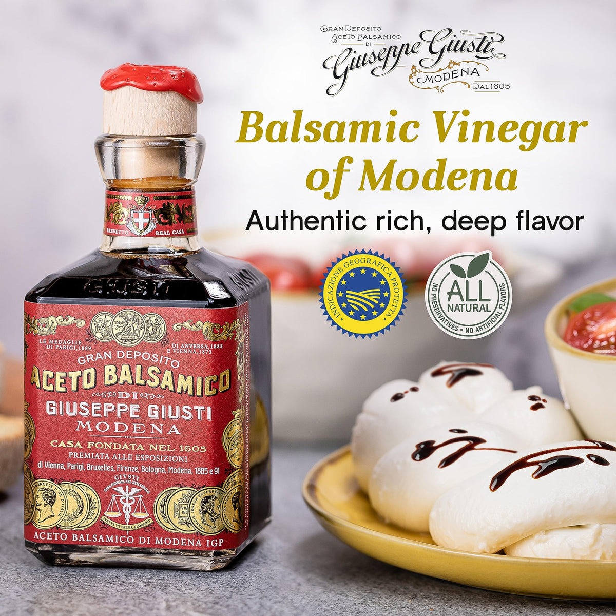 Giusti Modena IGP balsamic label closeup highlighting Modena heritage
