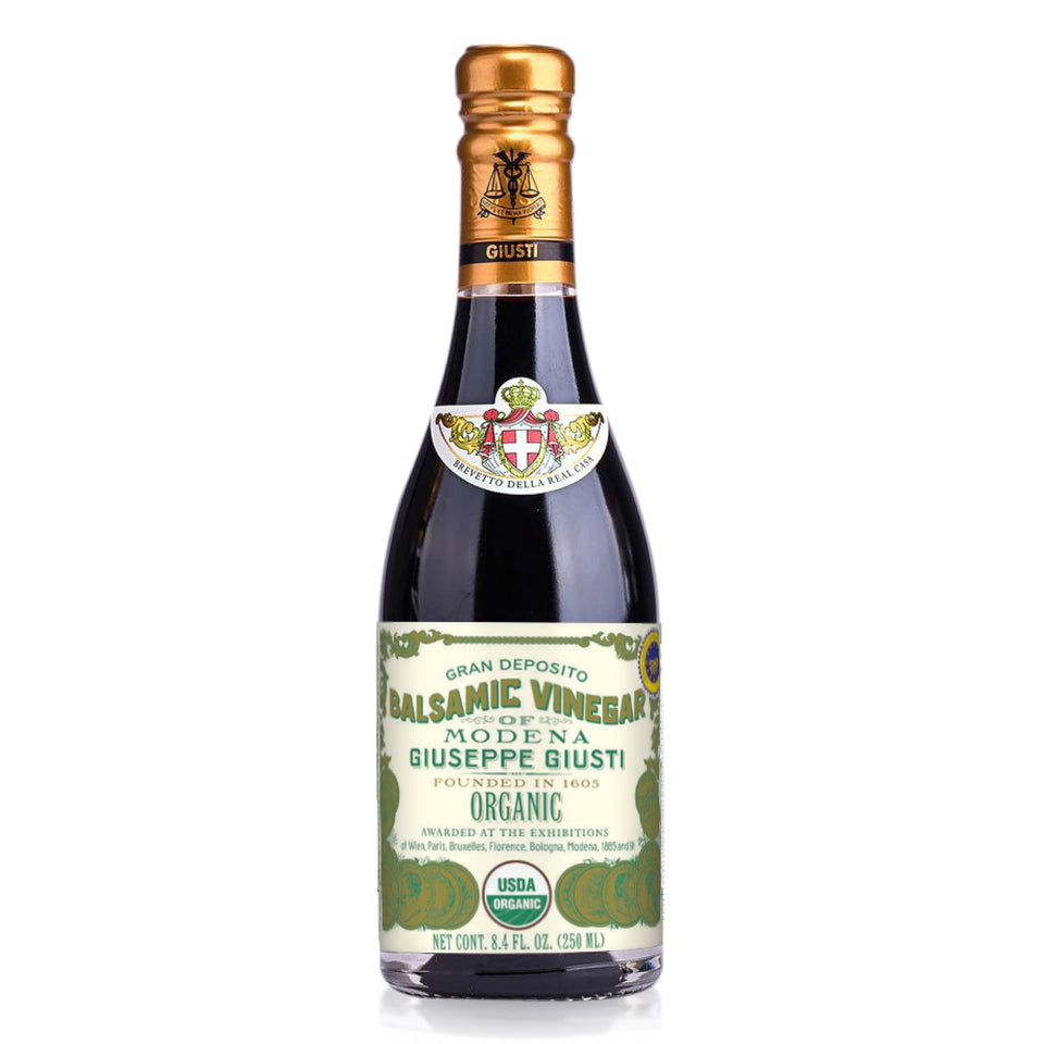 Giusti Organic Balsamic Vinegar of Modena bottle enhances salads and marinades.