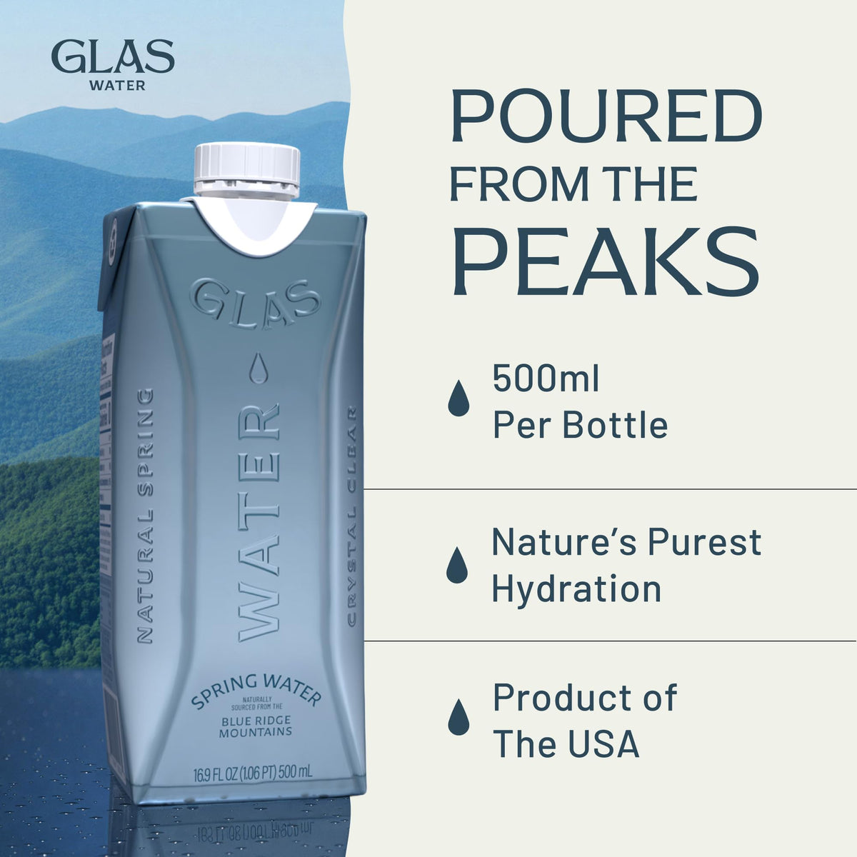 GLAS Water bottle at Blue Ridge mountains sourcing feels natural and authentic.
