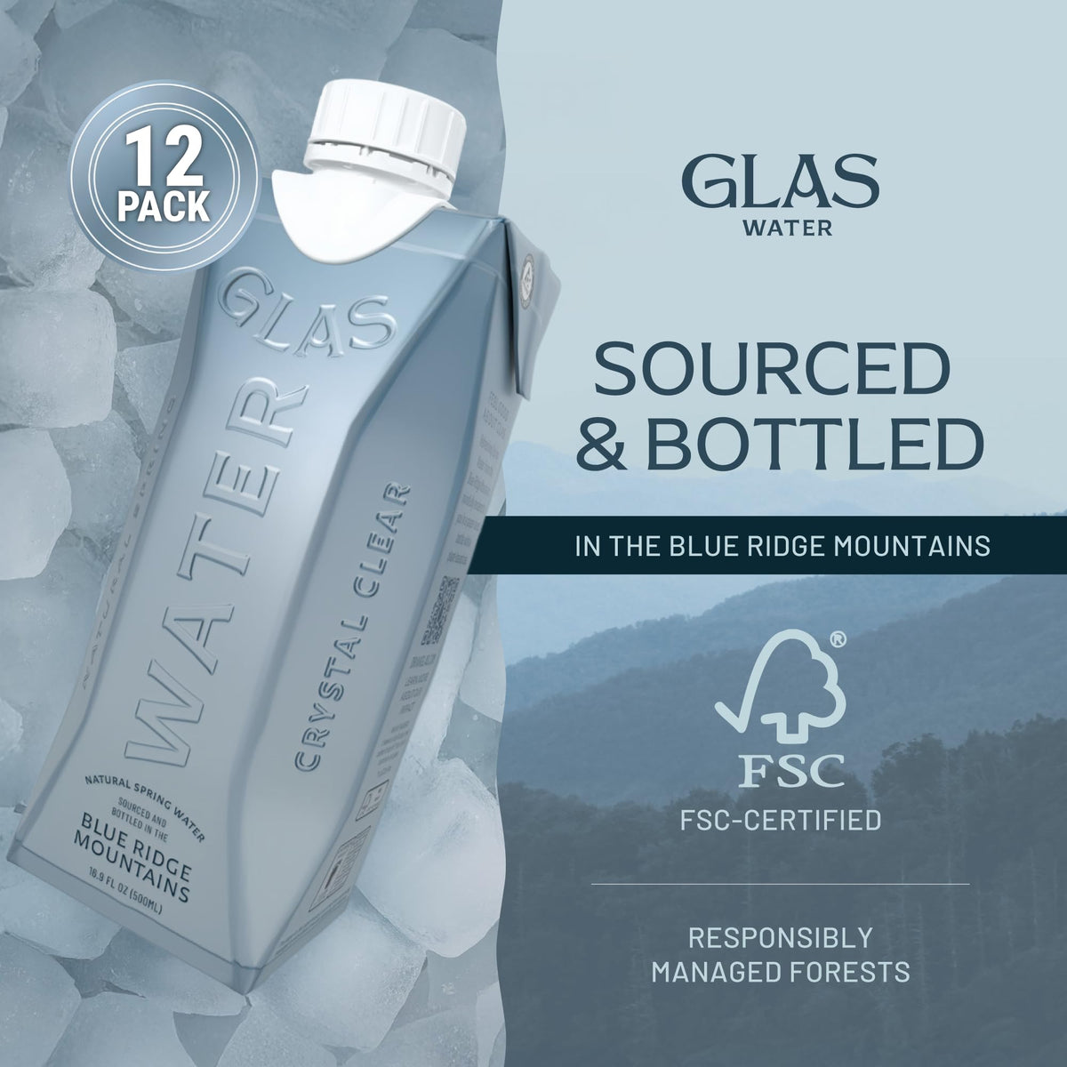 GLAS Water BPA-free label and recyclable carton highlight safety.