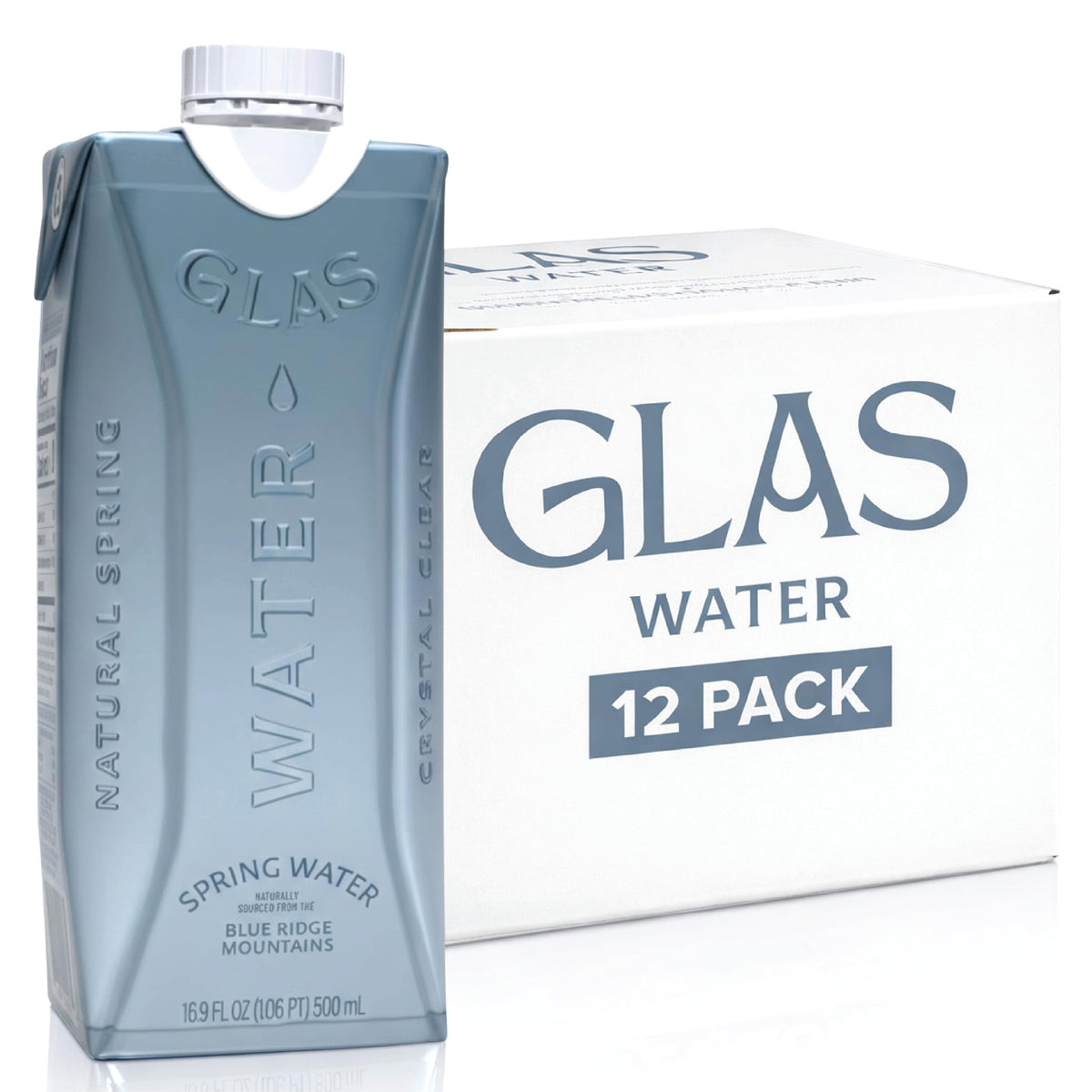 GLAS Water natural-spring-bottle shows crisp taste from Blue Ridge minerals.