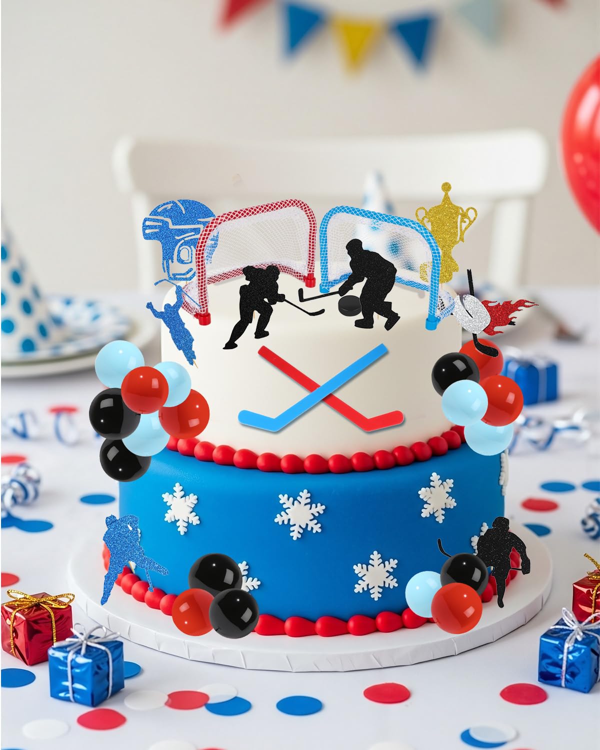 Glavatrix hockey baby shower decor adds playful sports vibes.