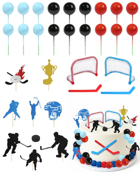 Glavatrix hockey cake toppers set on a dessert table for a festive party look.
