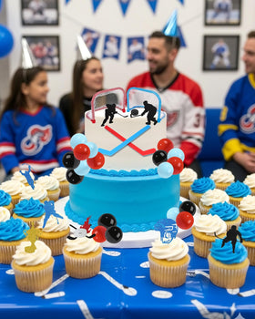 Glavatrix hockey party supplies help create a coordinated birthday scene.
