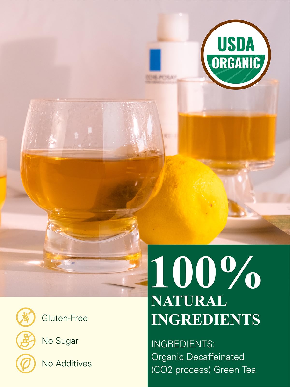 GLDNT decaf green tea bags in hot cup, smooth flavor ready for any time.