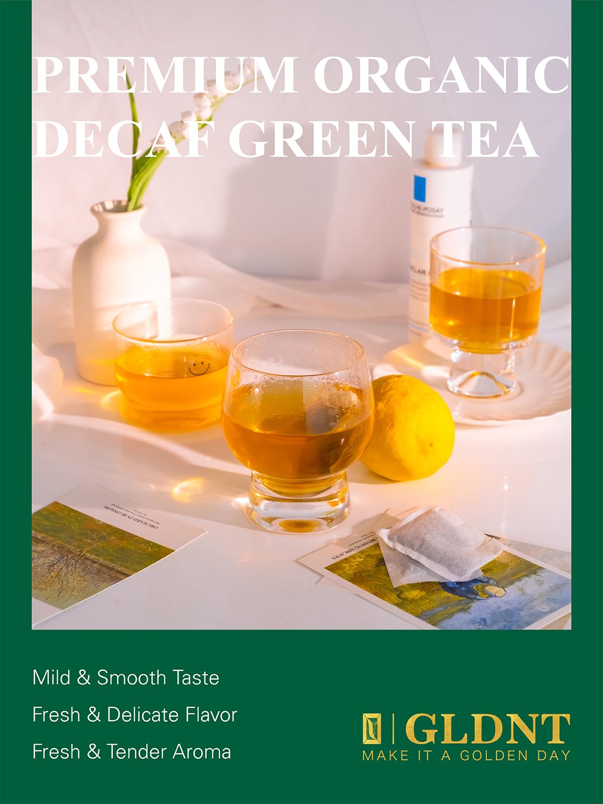 GLDNT decaf green tea bags over ice, refreshingly balanced for iced tea.