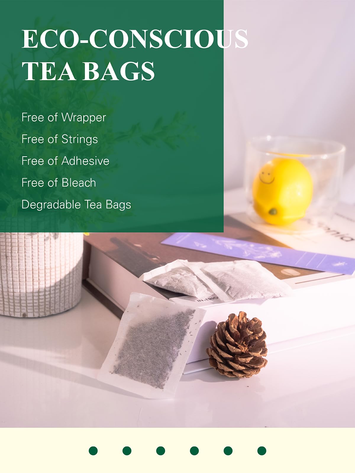 GLDNT eco-conscious tea bags in compostable packaging with non-GMO materials.