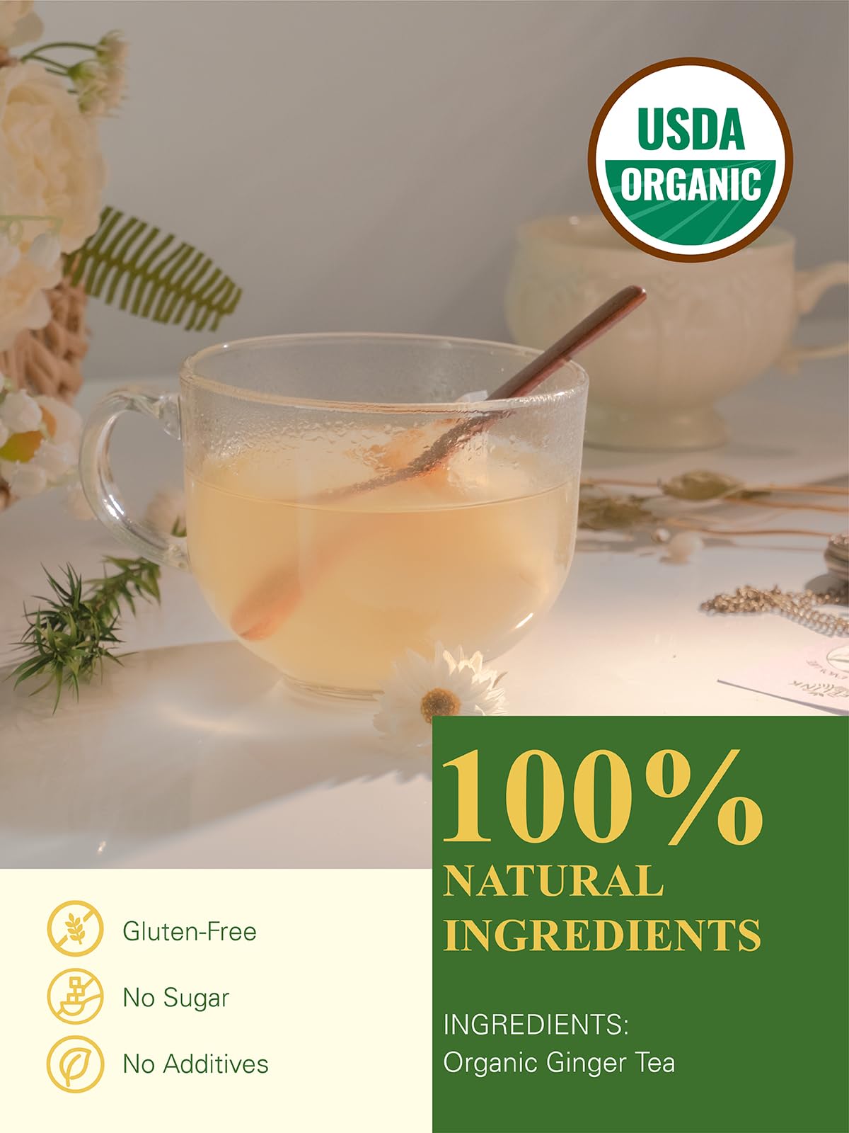 GLDNT ginger tea bags housed in a resealable pouch preserve flavor and freshness.