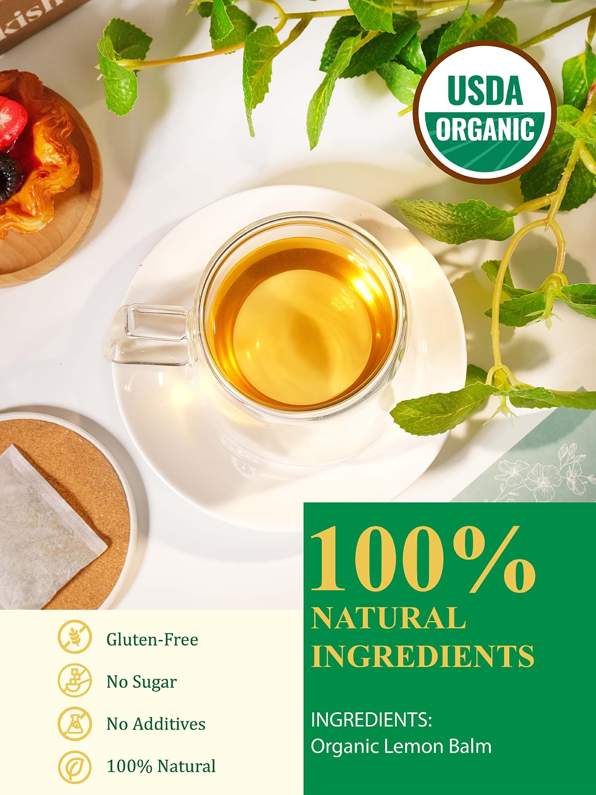 GLDNT hot brew lemon balm tea creates uplifting aroma and smooth taste when steeped.